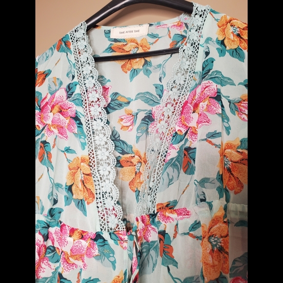 Lightweight boho floral lace trim self tie long kimono duster maxi cardigan - Picture 13 of 15